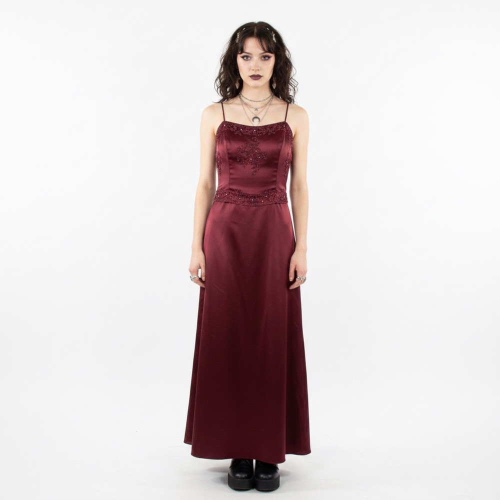 VTG Y2K Whimsigoth Burgundy Satin Embroidered Corset Maxi Formal Dress Sz XS